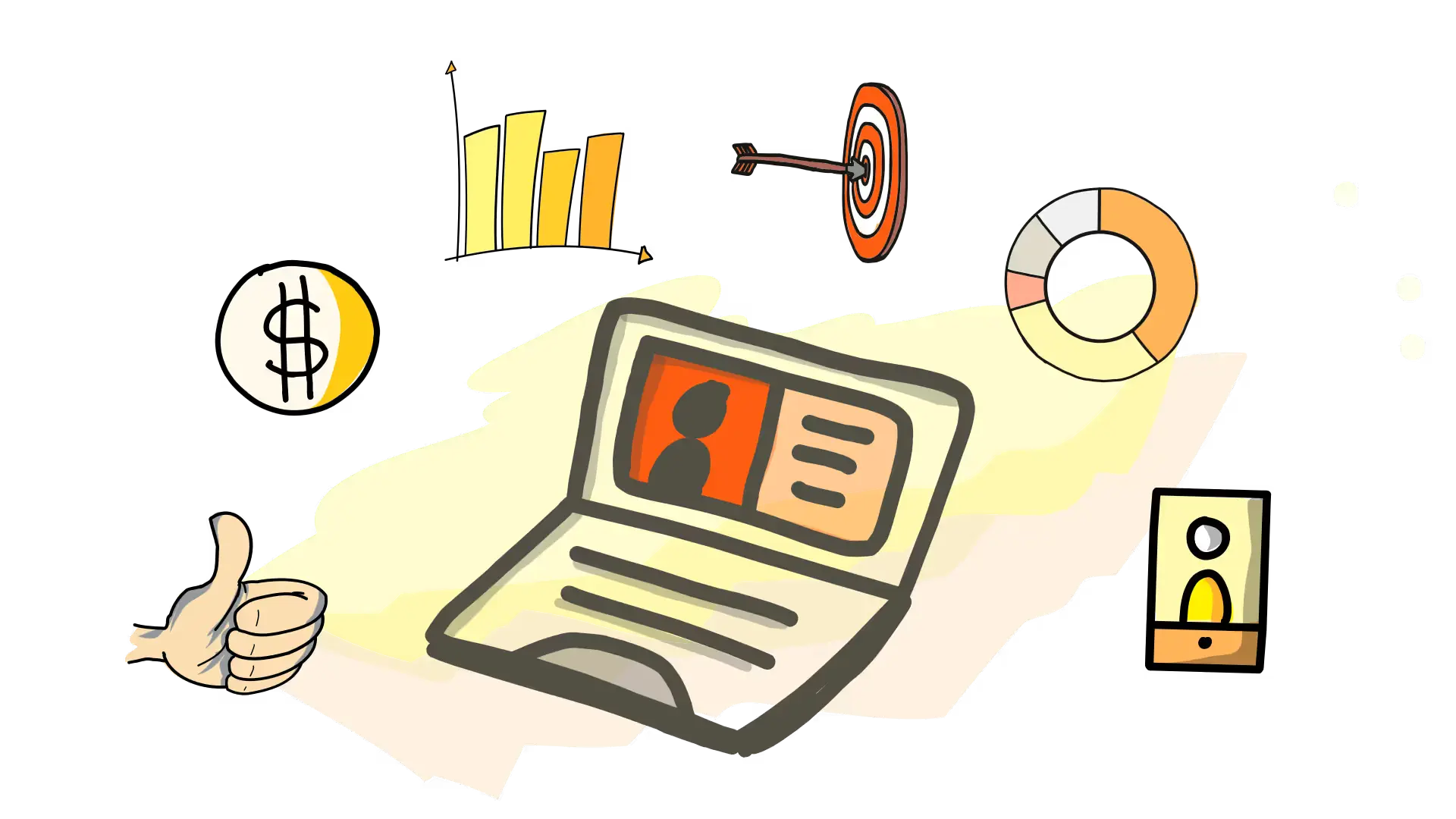 Illustration of a laptop with a user profile, surrounded by symbols for money, bar chart, target, pie chart, thumbs up, and notification alert.