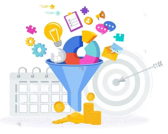 Illustration of a marketing funnel with charts, a calendar, coins, a target, gears, and communication icons, symbolizing strategic planning and goal achievement.